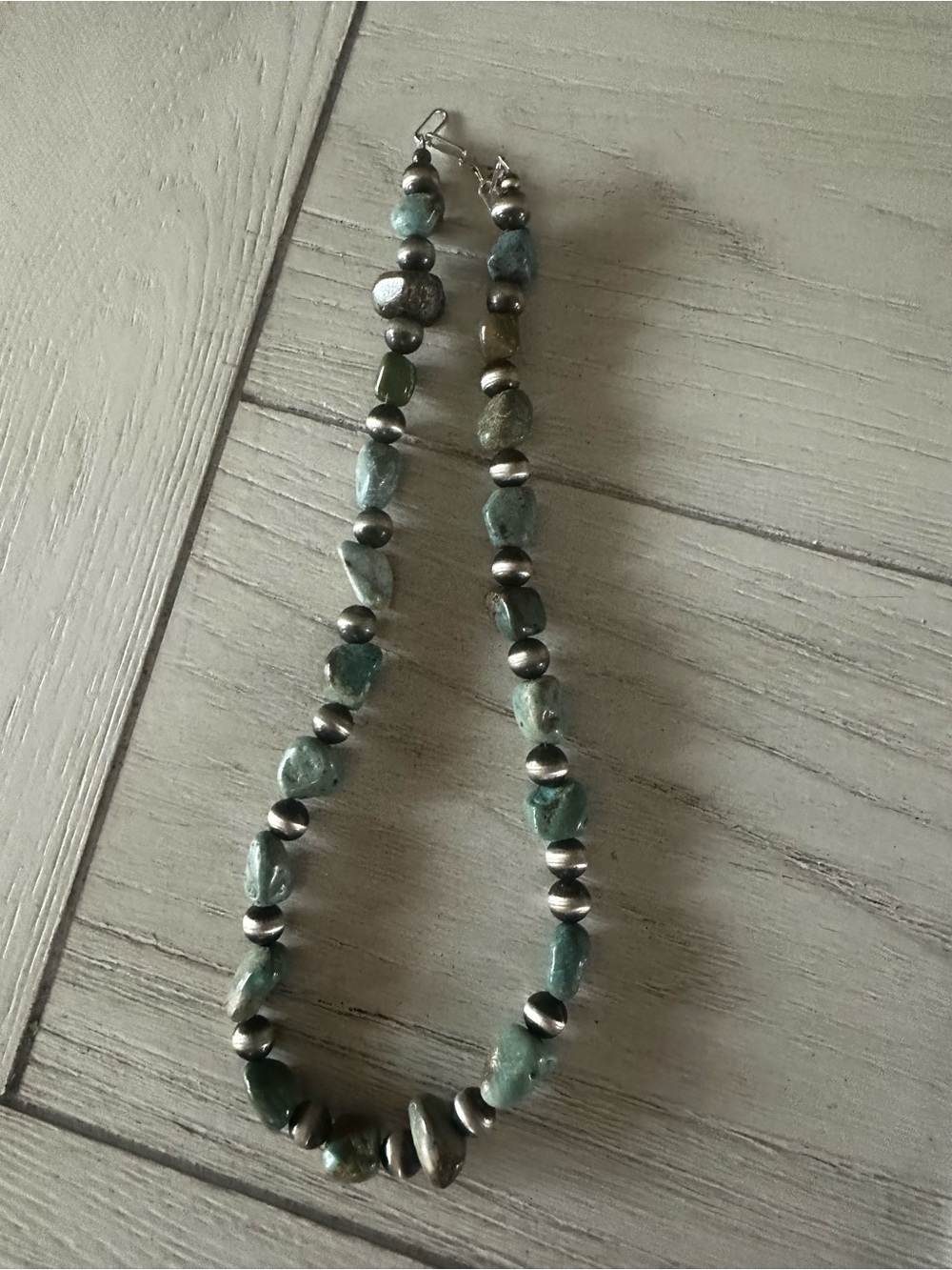 Handcrafted Green Stone Bead Necklace with Silver Accent Beads